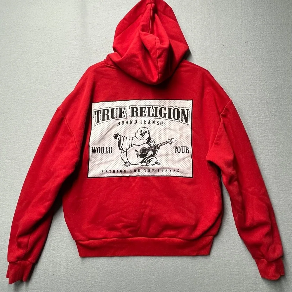 True Religion Mens Red World Tour Buddha Mesh Graphic Pullover Hoodie Size M